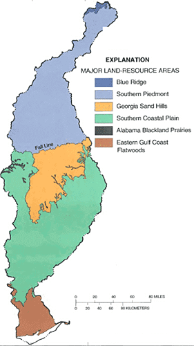 Map of the ACF Basin showing the six major land-resource areas.