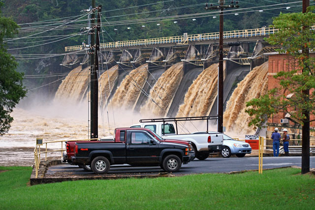 Water being released from the Morgan Falls Dam, Chattahoochee River, City of Sandy Springs, Fulton and Cobb Counties, Georgia.  Photo by Alan Cressler, USGS.