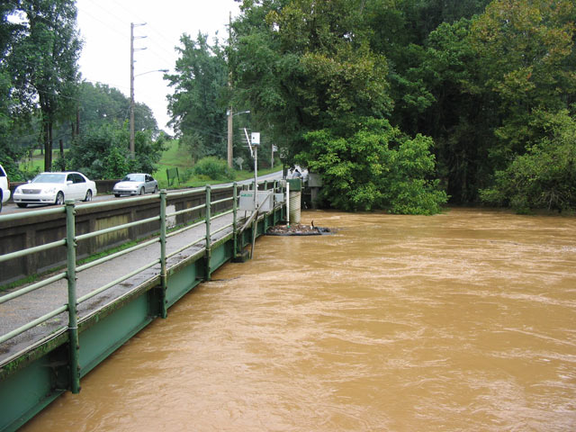 Peachtree Creek at flood conditions. Height is over 20 feet.