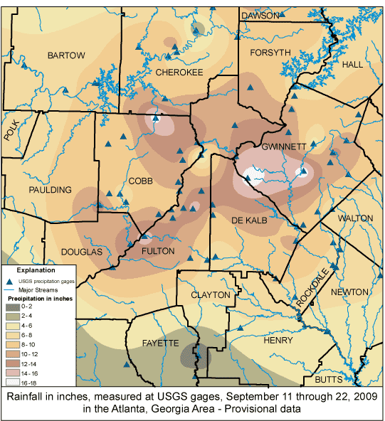 Map of cumulative rainfall recorded at USGS gages Sept. 11-22, 2009.  Provisional data.  Flooding on Sept. 21, 2009
