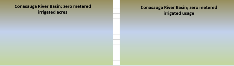 Pie charts showing (1) the percent irrigated acres, by percent groundwater and surface water and (2) the percent metered usage, by  percent groundwater and surface water.